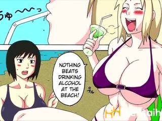 Naruto dreier bei die strand mit tsunade, hinata und sakura