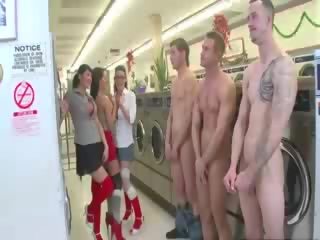 Chaps stand in line to get sucked by clothed babes
