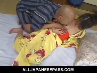 Lustful full-blown jepang cougar in a kimono rides a hard putz